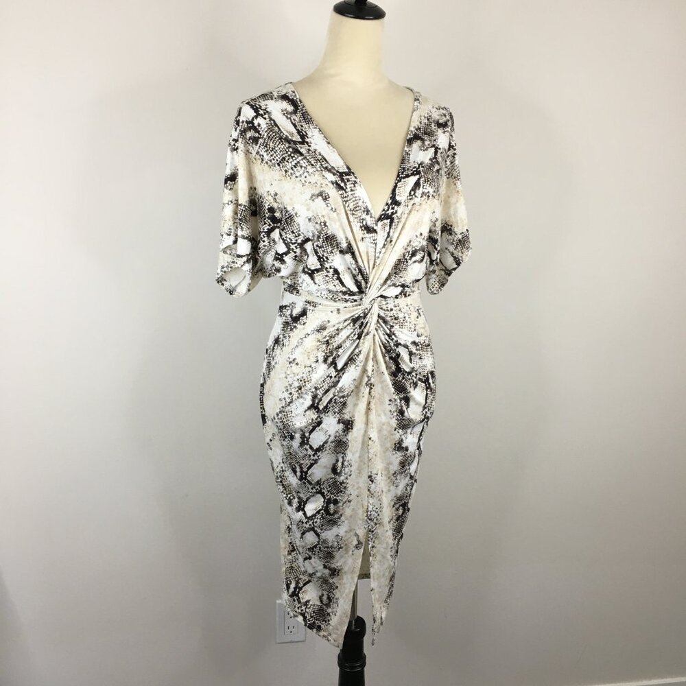 FASHION NOVA Cream Black Multi-Color Boa Python Print Knot Slit Hem Front Dress